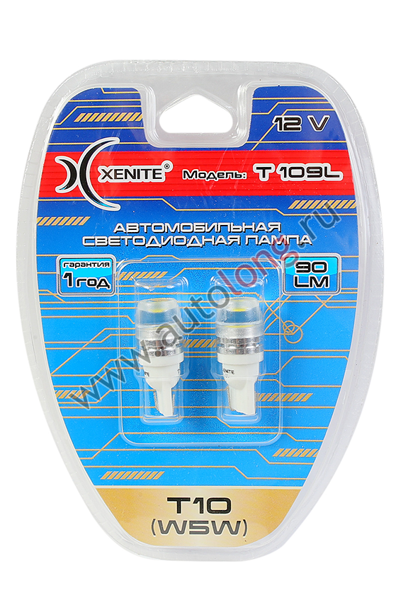 Лампа диодная бесцокольная 12В T109L Xenite (T10/W5W) яркость 90Lm (2 шт.) Лампа диодная бесцокольная 12В T109L Xenite (T10/W5W) яркость 90Lm (2 шт.)