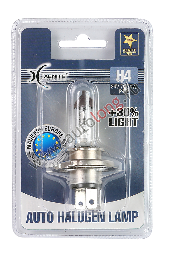 Лампа галогеновая Xenite H4 24V (P43t) Яркость больше на 30%