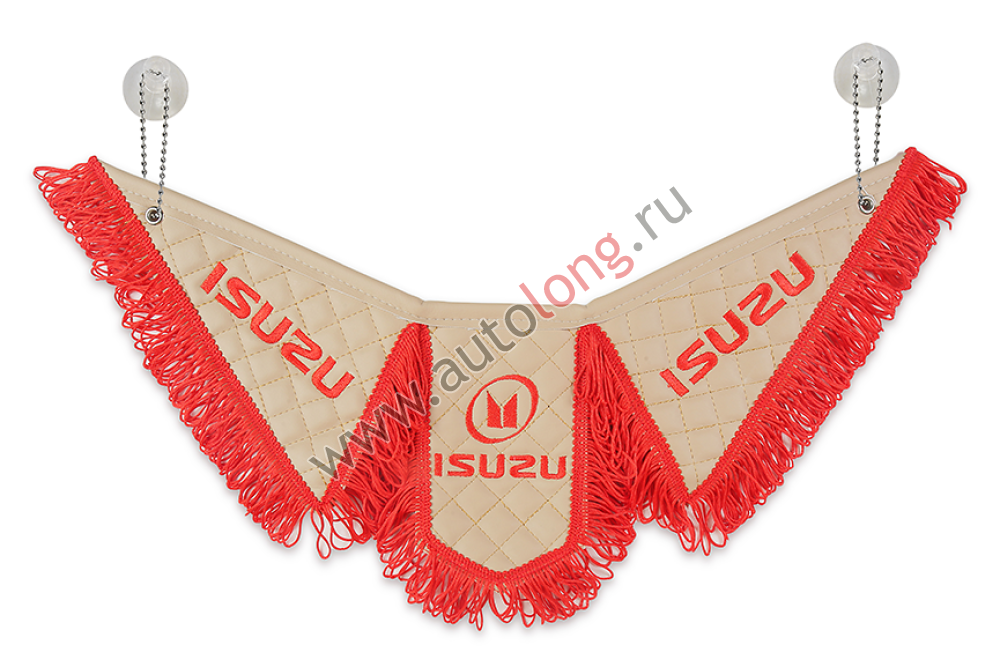 Вымпел Тройной автомобильный ISUZU эко-кожа с вышивкой (бежевый с красной бахромой) Вымпел Тройной автомобильный ISUZU эко-кожа с вышивкой (бежевый с красной бахромой)