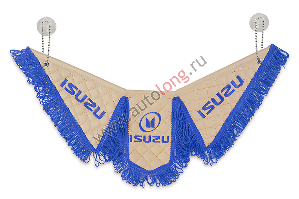Вымпел Тройной автомобильный ISUZU эко-кожа с вышивкой (бежевый с синей бахромой) Вымпел Тройной автомобильный ISUZU эко-кожа с вышивкой (бежевый с синей бахромой)