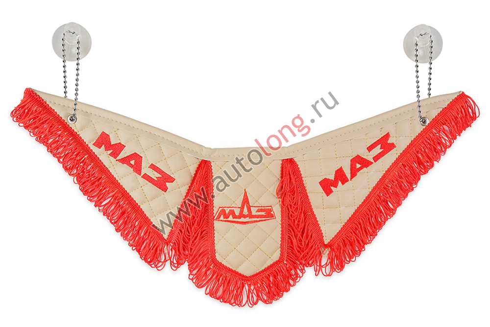 Вымпел Тройной (эко-кожа) с вышивкой МАЗ, бежевый с красной бахромой Вымпел Тройной (эко-кожа) с вышивкой МАЗ, бежевый с красной бахромой