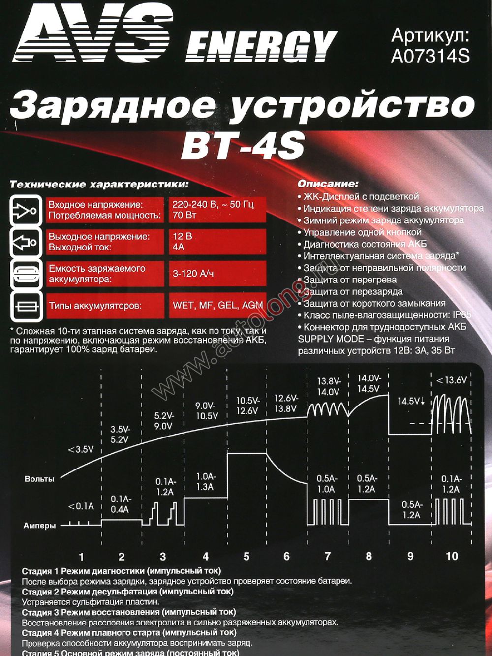Зарядное устройство для аккумулятора 12В интеллектуальное AVS BT-4S (4A, 51Вт) Зарядное устройство для аккумулятора 12В интеллектуальное AVS BT-4S (4A, 51Вт)