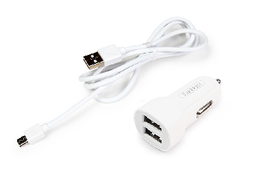 Зарядное устройство в прикуриватель автомобиля с 2 USB портами, с кабелем micro USB, 12-24В, 2,1А Зарядное устройство в прикуриватель автомобиля с 2 USB портами, с кабелем micro USB, 12-24В, 2,1А