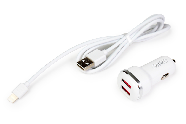Зарядное устройство в прикуриватель на 2 USB порта с кабелем Lightning (для iPhone) и с подсветкой, 12-24 В, 2,1А