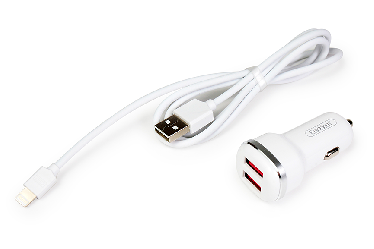 Зарядное устройство в прикуриватель на 2 USB порта с кабелем Lightning (для iPhone) и с подсветкой, 12-24 В, 2,1А Зарядное устройство в прикуриватель на 2 USB порта с кабелем Lightning (для iPhone) и с подсветкой, 12-24 В, 2,1А