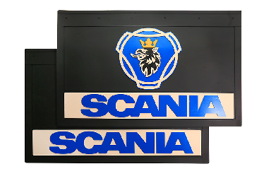 Брызговики задние резиновые SCANIA 590х365 с синей надписью и цветной эмблемой с орлом на черной основе Брызговики задние резиновые SCANIA 590х365 с синей надписью и цветной эмблемой с орлом на черной основе