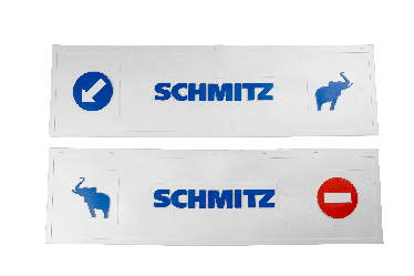 Брызговики длинномер из 2-х частей 1200*350 (белая резина) SCHMITZ (стрелка слон) LUX (Синяя надпись)