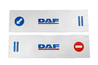 Брызговик длинномер DAF из 2-х частей 1200*350 белая резина (кирпич-стрелка) LUX (Синяя надпись с красной полосой)