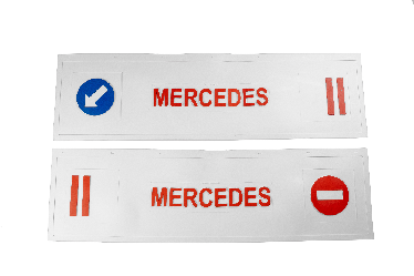 Брызговик длинномер из 2-х частей 1200*350 (белая резина) MERCEDES (стрелка) LUX (Красная надпись)