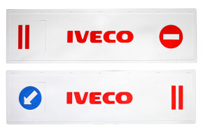 Брызговики длинномер из 2-х частей 1200*350 (белая резина) IVECO (стрелка) LUX (Красная надпись) Брызговики длинномер из 2-х частей 1200*350 (белая резина) IVECO (стрелка) LUX (Красная надпись)