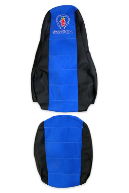 Чехлы эконом SCANIA 5 (2 высоких сидения) S21 черная кожа и синяя антара 0816