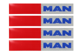 Наклейка Лента светоотражающая MAN красно-белая (синяя надпись) 30х5 см (комплект 4 шт.) Наклейка Лента светоотражающая MAN красно-белая (синяя надпись) 30х5 см (комплект 4 шт.)