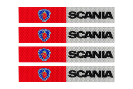 Наклейка Лента светоотражающая SCANIA красно-белая (черная надпись) 30*5 см (комплект 4 шт.)