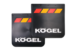 Брызговики задние KOGEL черная резина LUX PRO (белая надпись) красно-желтые 400х400 Брызговики задние KOGEL черная резина LUX PRO (белая надпись) красно-желтые 400х400
