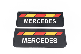 Брызговики задние грузовые MERCEDES черная резина LUX PRO с белой надписью и красно-желтой полосой 670*270