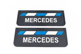 Брызговики задние для грузовика MERCEDES черная резина LUX PRO с белой надписью и сине-белой полосой 670*270