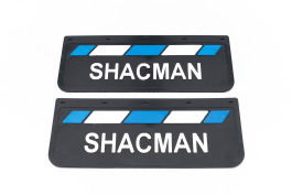Брызговики задние SHACMAN 670*270 черная резина LUX PRO с белой надписью и сине-белой полосой