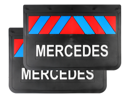 Брызговики задние на грузовик MERCEDES черная резина LUX PRO красно-синие (белая надпись) 600х400