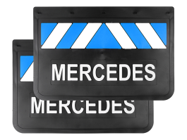 Брызговики задние на грузовик MERCEDES 600*400 черная резина LUX PRO сине-белые (белая надпись)